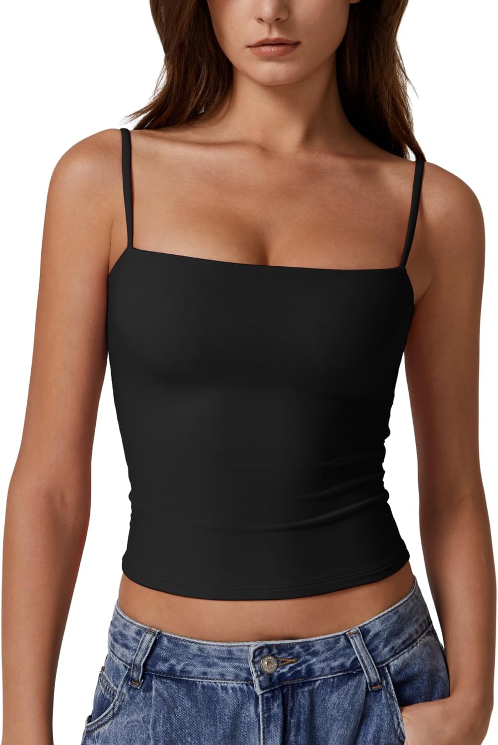 Women's Double Lined Basic Tank Top Adjustable Spaghetti Straps Sleeveless Camisole Shirts