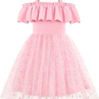 Toddler Girl Tulle Dress Girls Sequin Summer Dresses Off Shoulder Flutter Formal Birthday Party Princess Dress