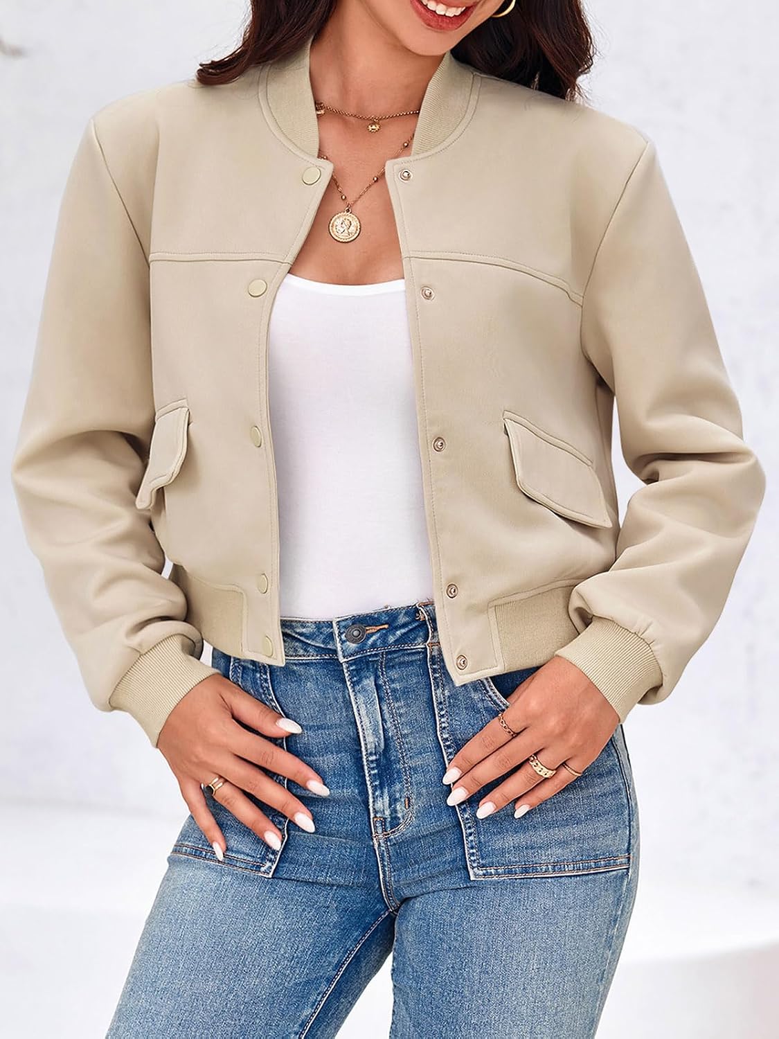 Womens Cropped Bomber Jackets Casual Button Down Long Sleeve Stand Collar Varsity Shacket Coats - Image 2