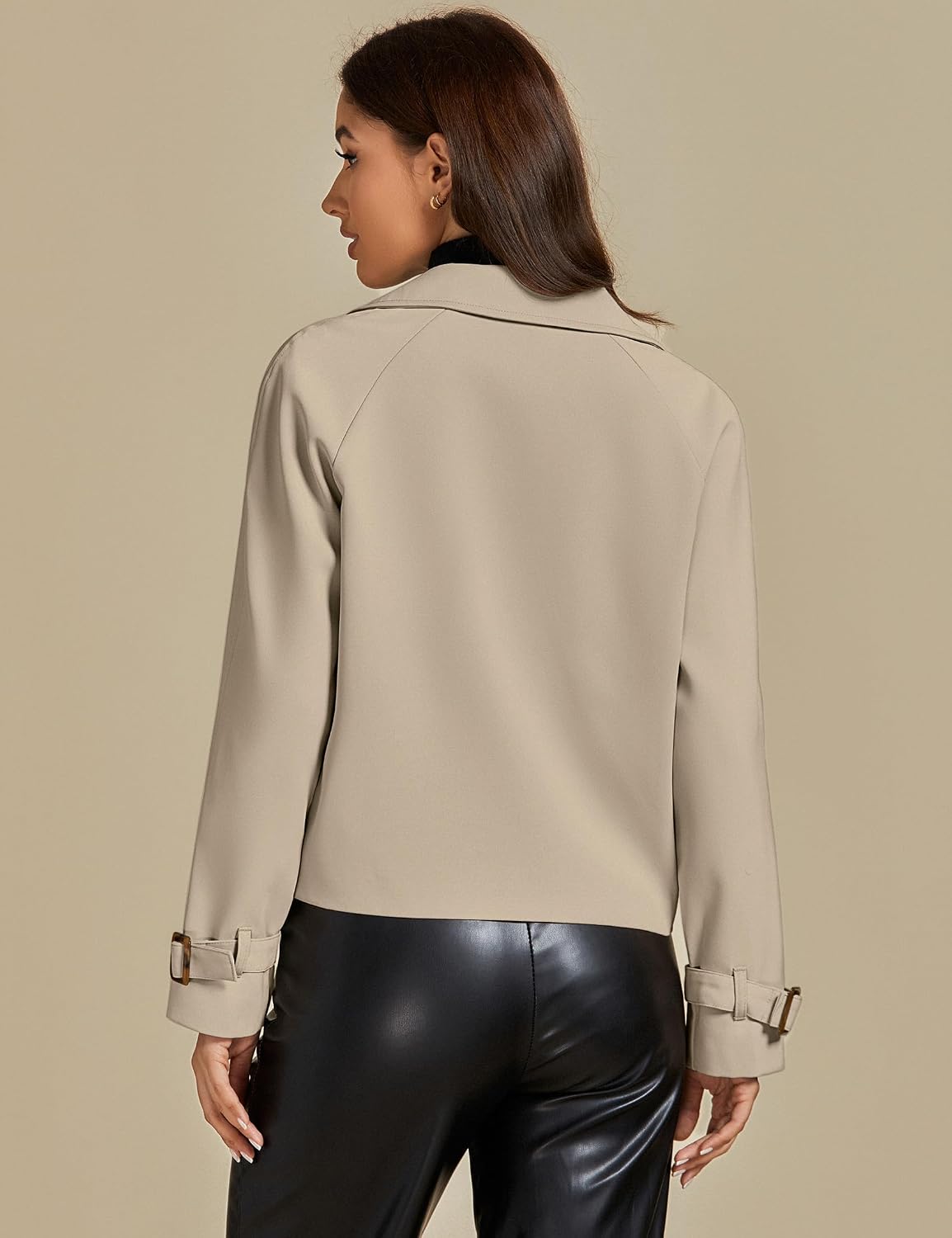 Cropped Trench Coat for Women Long Sleeve Double Breasted Notched Lapel Casual Loose Fit Jackets with Pockets - Image 2