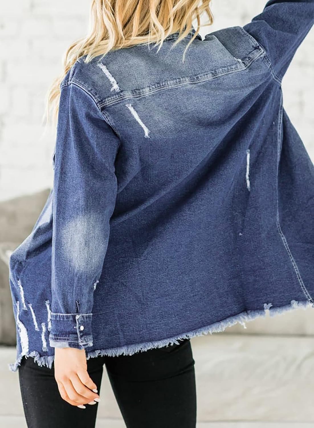 Women's Oversized Denim Jacket Casual Long Sleeve Denim Shirts Distresse Jean Jacket - Image 2