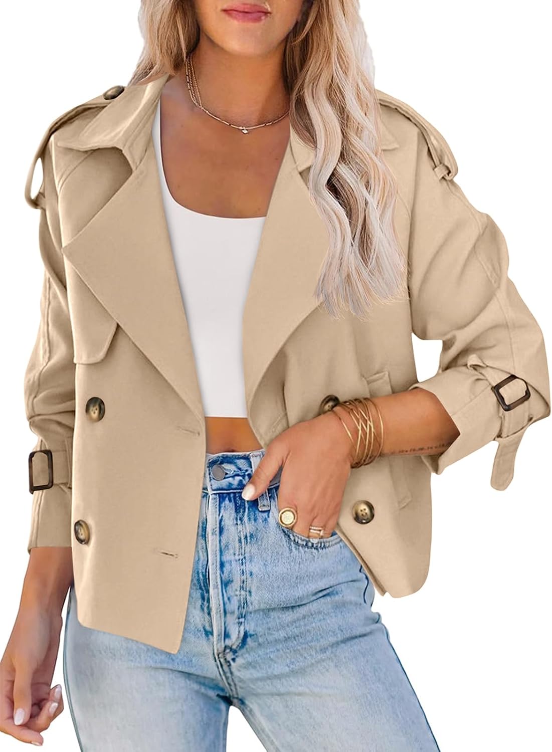 Women Crop Double Breasted Trench Coat Raglan Sleeve Work Office Cropped Jacket With Pockets