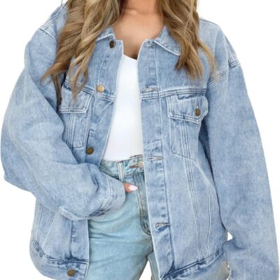 Women's Oversized Jeans Jacket, Classic Button Down Denim Jacket with Chest Pockets, Loose Fit Boyfriend Style Coat